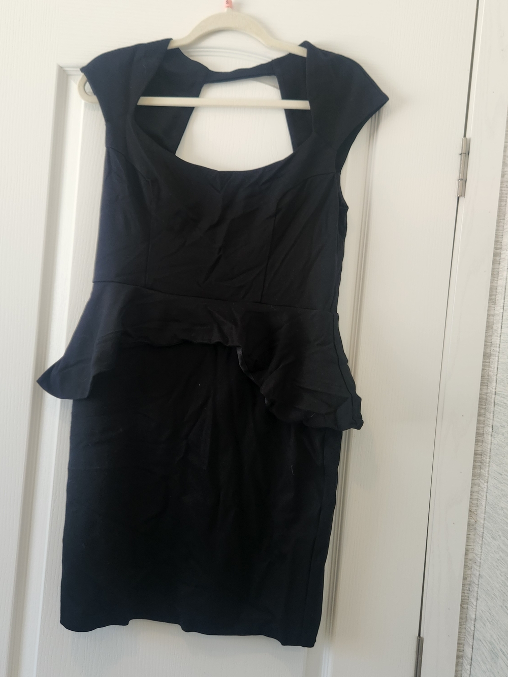 bebe Black Peplum Midi Dress with Cutout Back L Euc
